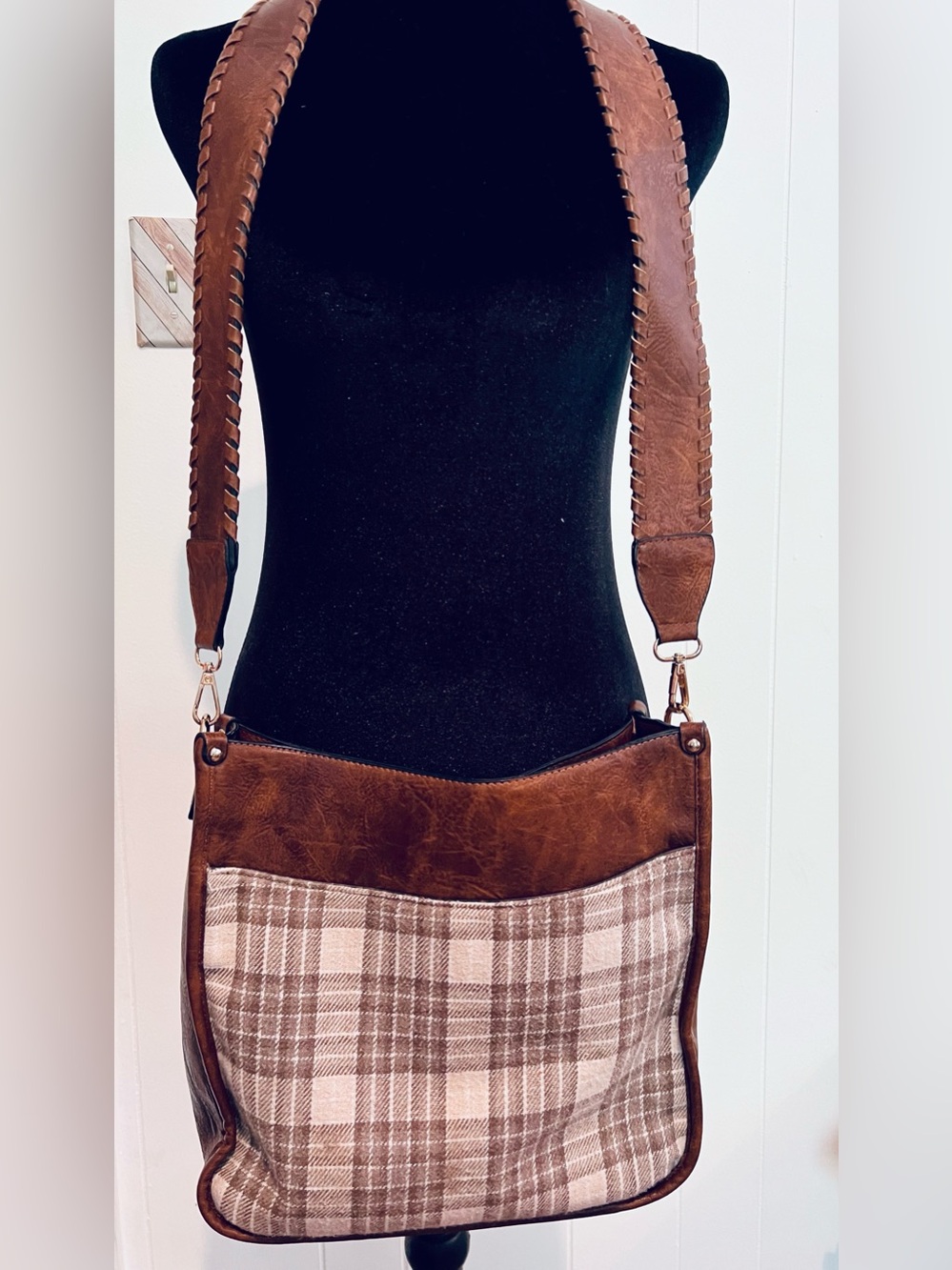 Brown Plaid Crossbody Bag with Wide Braided Strap